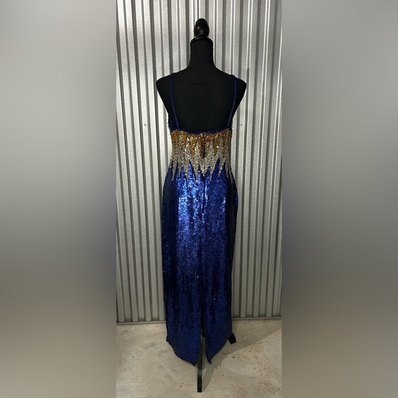 Womens Vintage TAJ Designer Sequin 70s Hand Crafted Blue Gold Strap Dress Medium - Picture 3 of 5